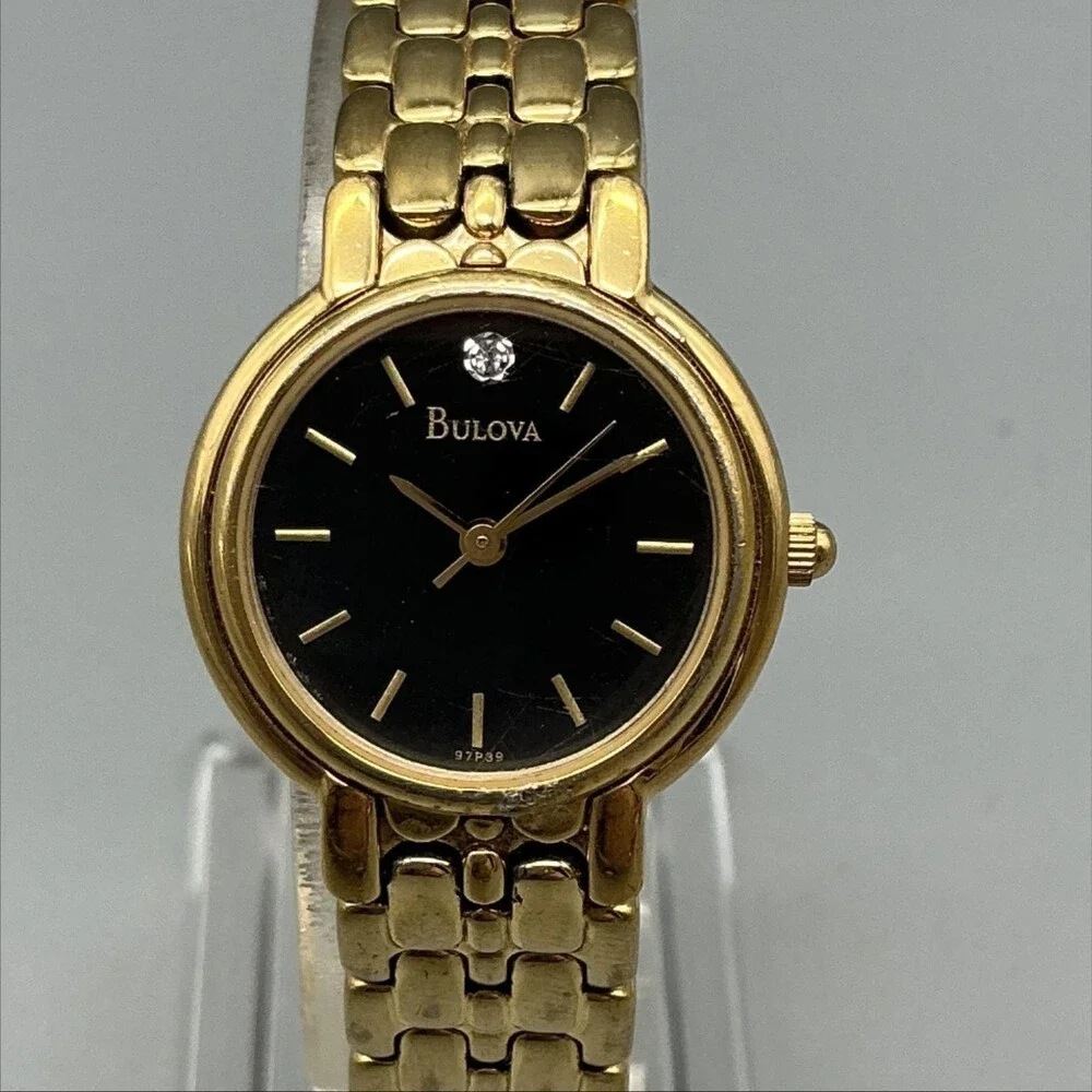 Bulova Womens Watch 24mm Black Dial Gold Tone Bracelet Diamond New Battery 6.75